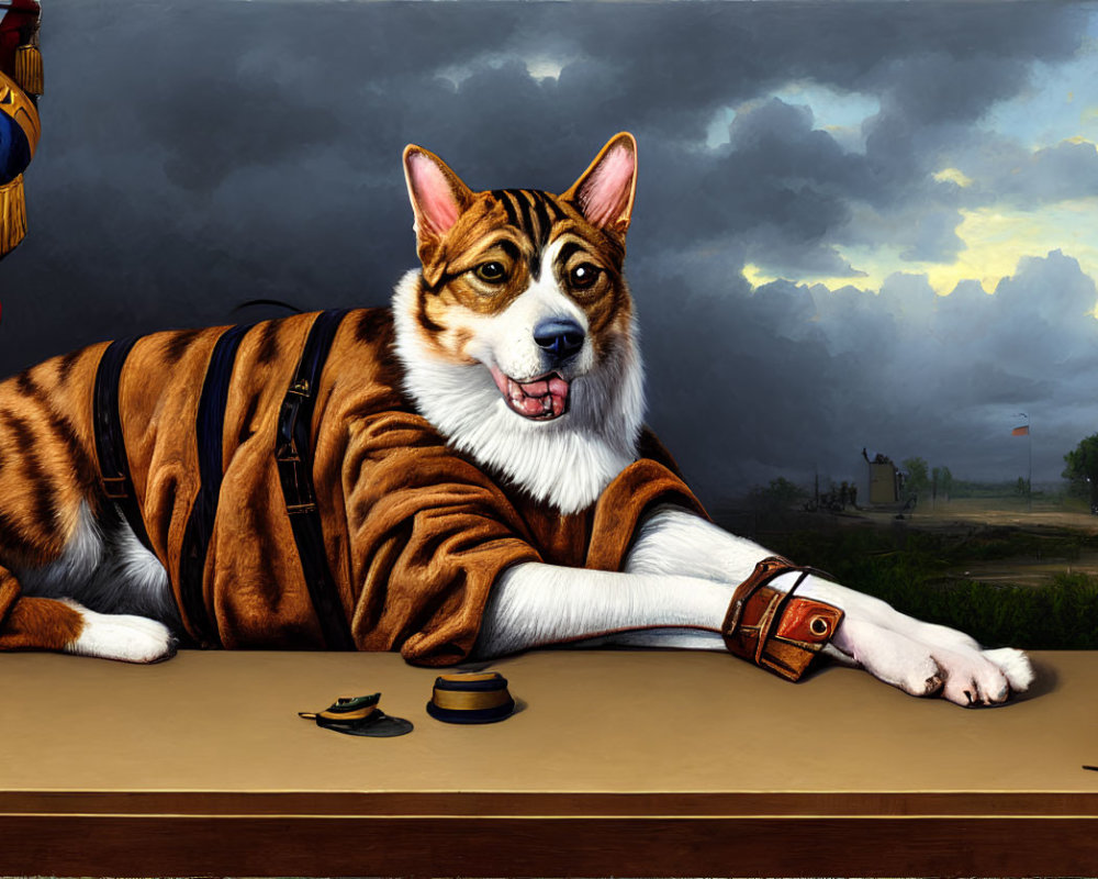 Dog with Tiger Stripes Dressed as Military Figure with Kitten on Table, Stormy Sky Background