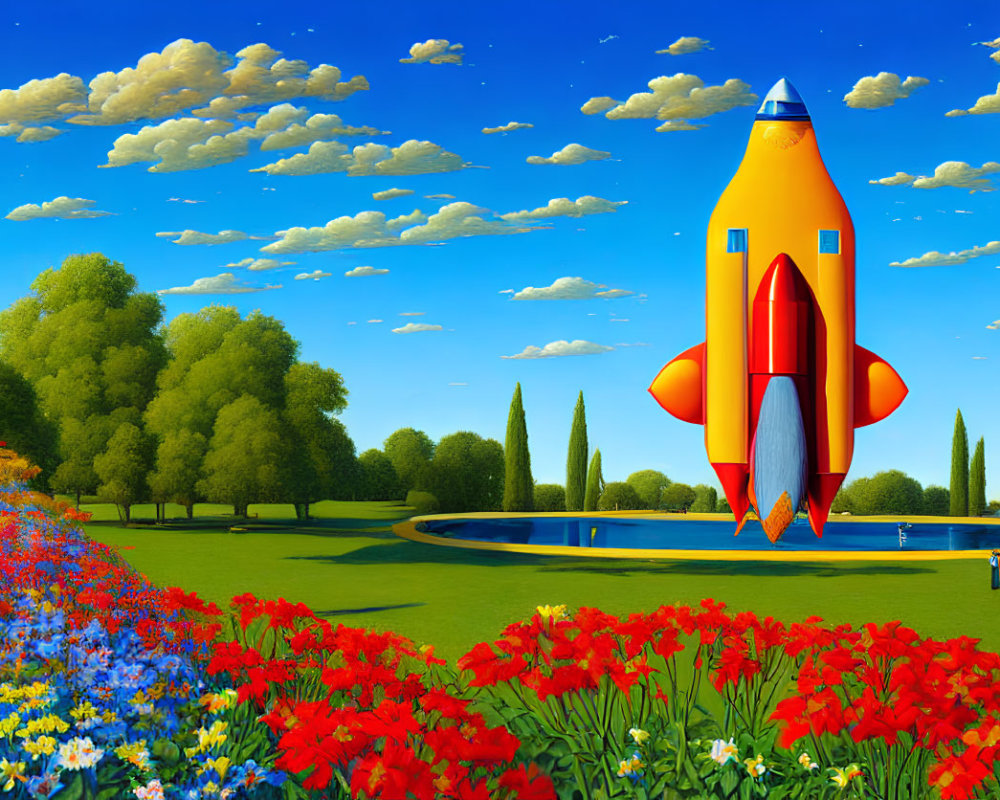 Cartoon rocket launch in colorful park setting