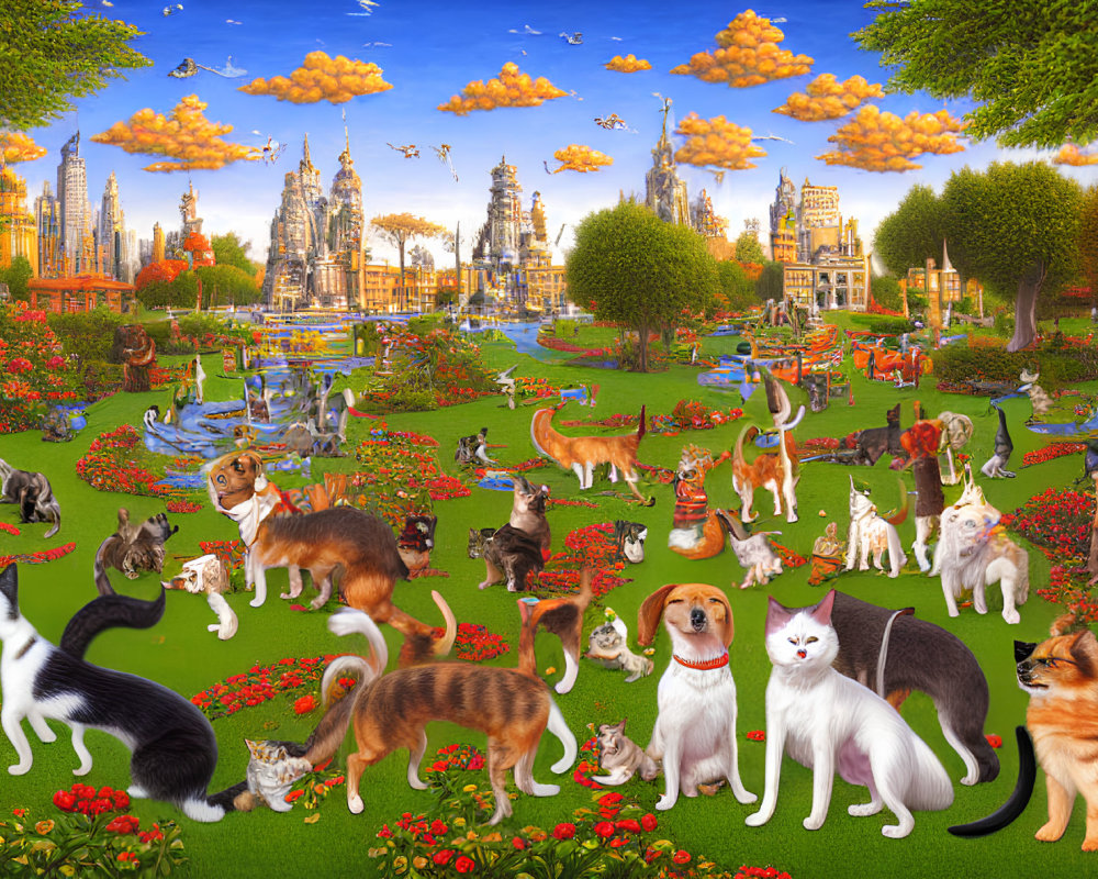 Colorful Cats and Dogs in Whimsical Garden Scene