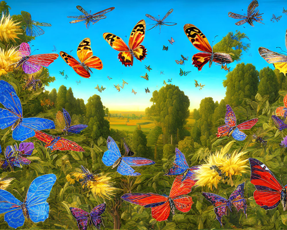 Colorful Butterflies Fluttering Over Vibrant Meadow Under Blue Sky