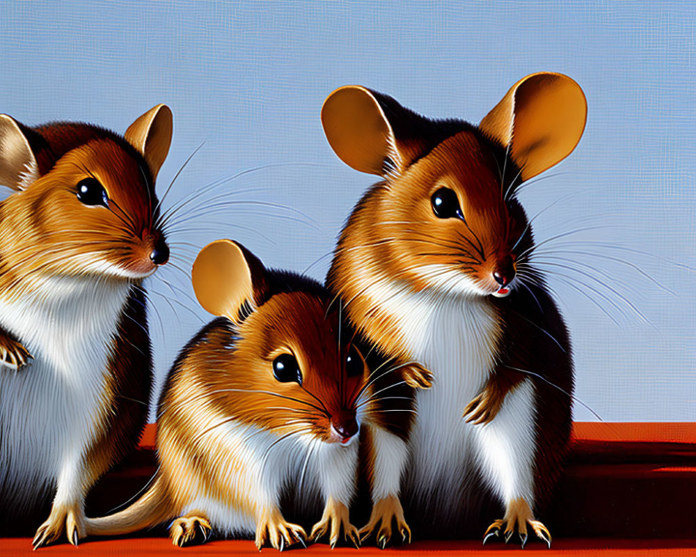 Three stylized cartoon mice with expressive faces on blue background