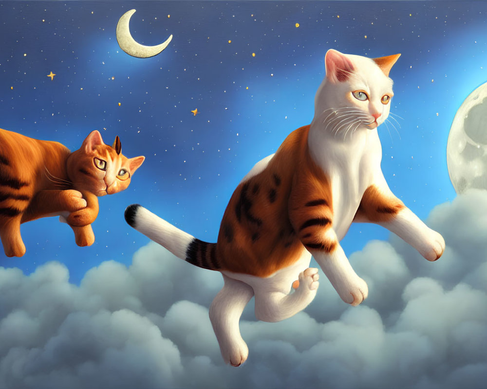 Whimsical cats in night sky with stars and moons