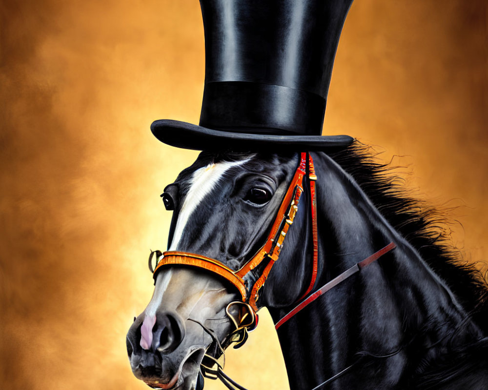 Black Horse with Red and Yellow Bridle and Top Hat on Amber Background