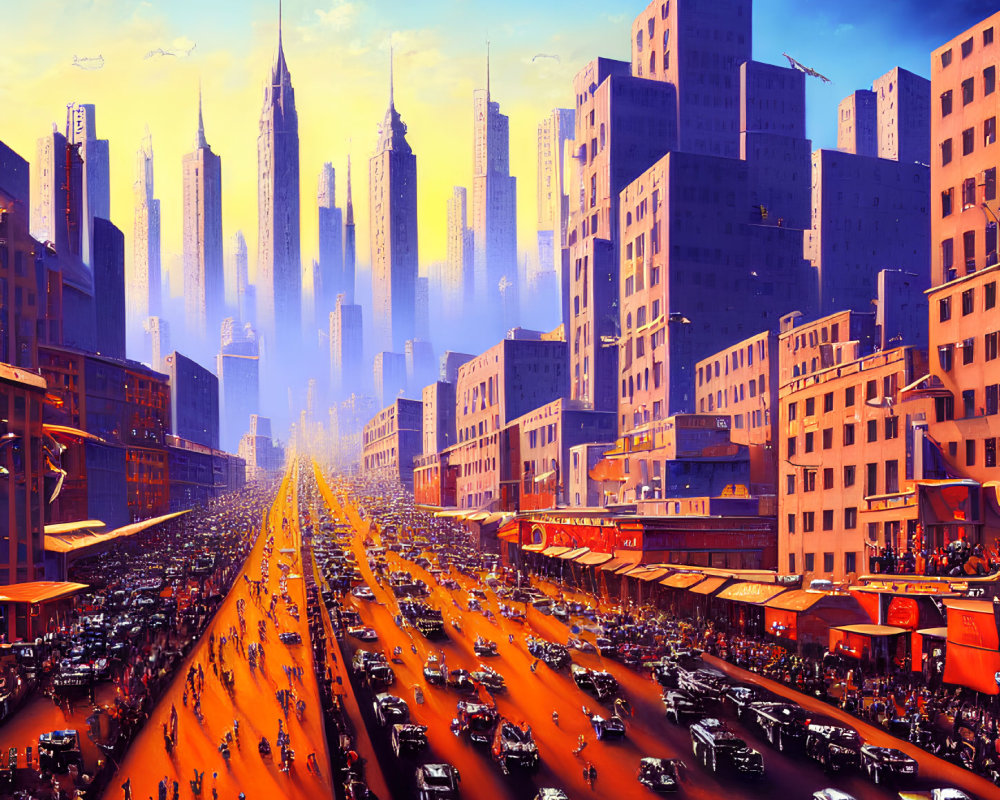 Busy cityscape with traffic and high-rise buildings under sunlight