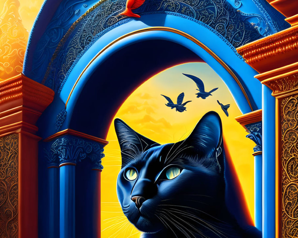 Detailed illustration of black cat with blue eyes and ornate archway at sunset.