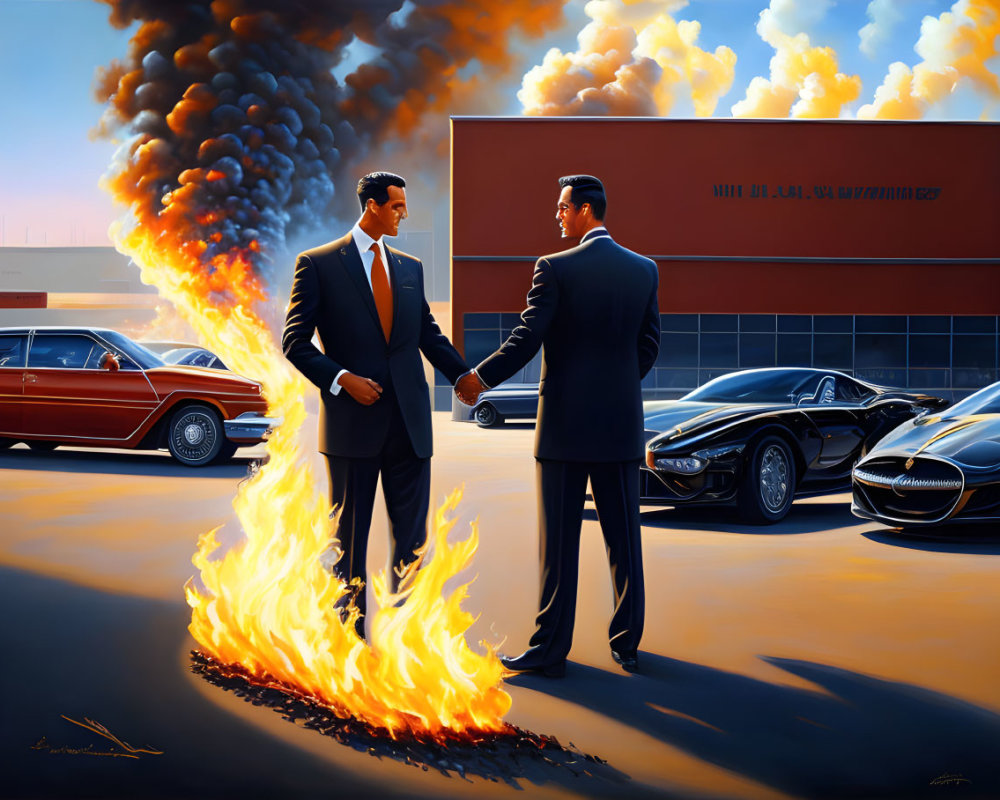 Businessmen shaking hands in front of luxury cars with fire and smoke.
