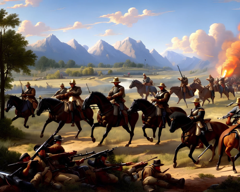 Cavalry charge river with defeated infantry and mountains