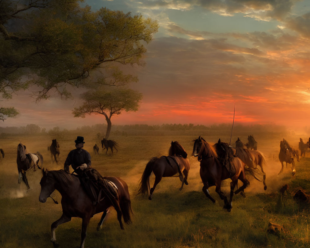 Horse riders and running horses in sunset field with tree