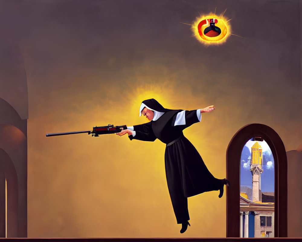 Nun with rifle aims at floating grenade in arched corridor