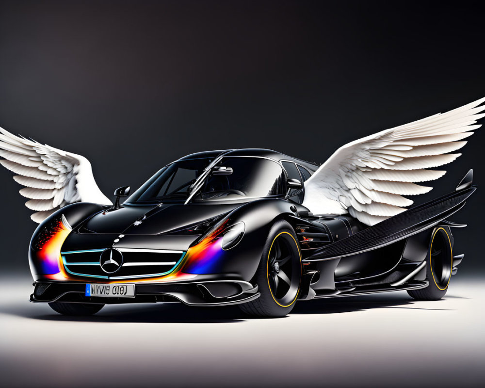 Black sports car with white angel wings, rainbow glow, and rear spoiler.