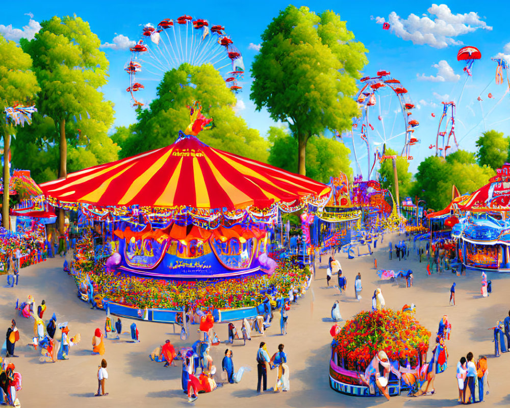 Colorful amusement park with carousel, Ferris wheel, and sunny crowds