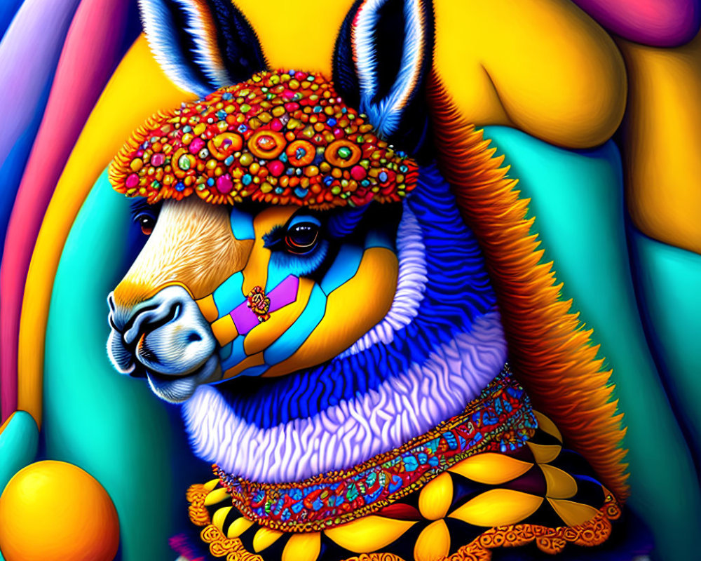Colorful llama illustration with intricate patterns and abstract background