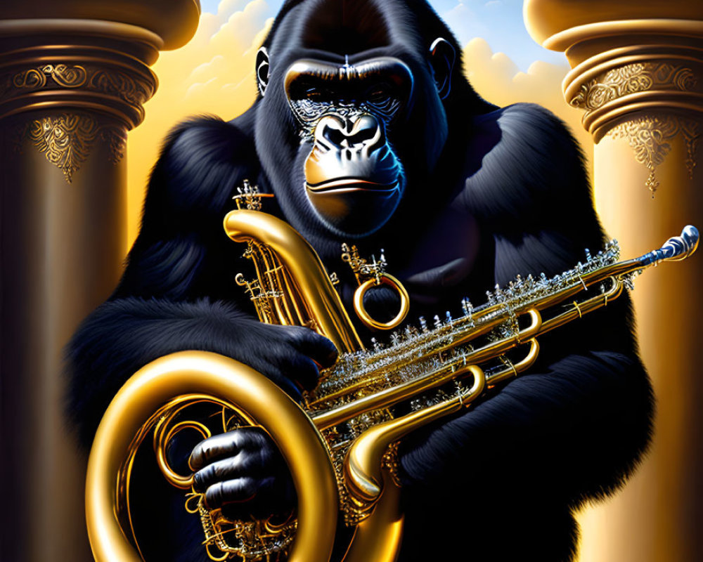 Gorilla with saxophone against golden backdrop