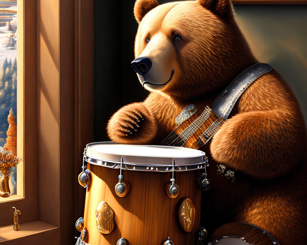 Anthropomorphic bear in vest plays drum by autumn landscape window