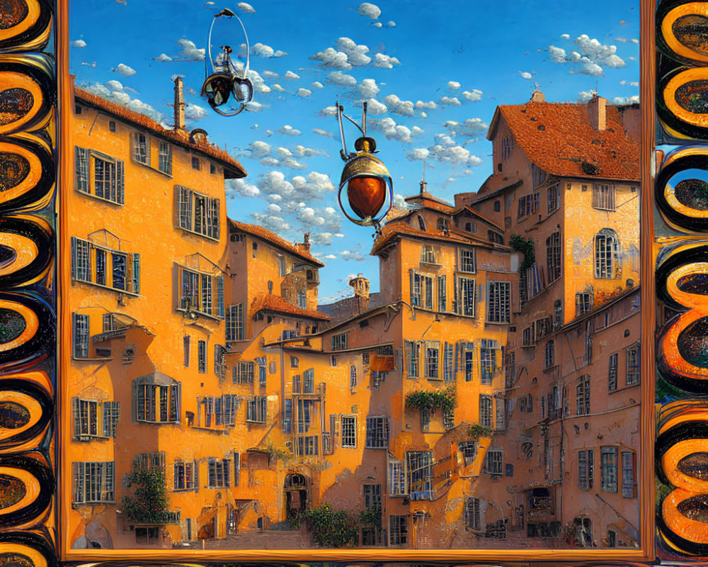 Surreal framed artwork: Orange buildings, whimsical windows, floating objects in blue sky
