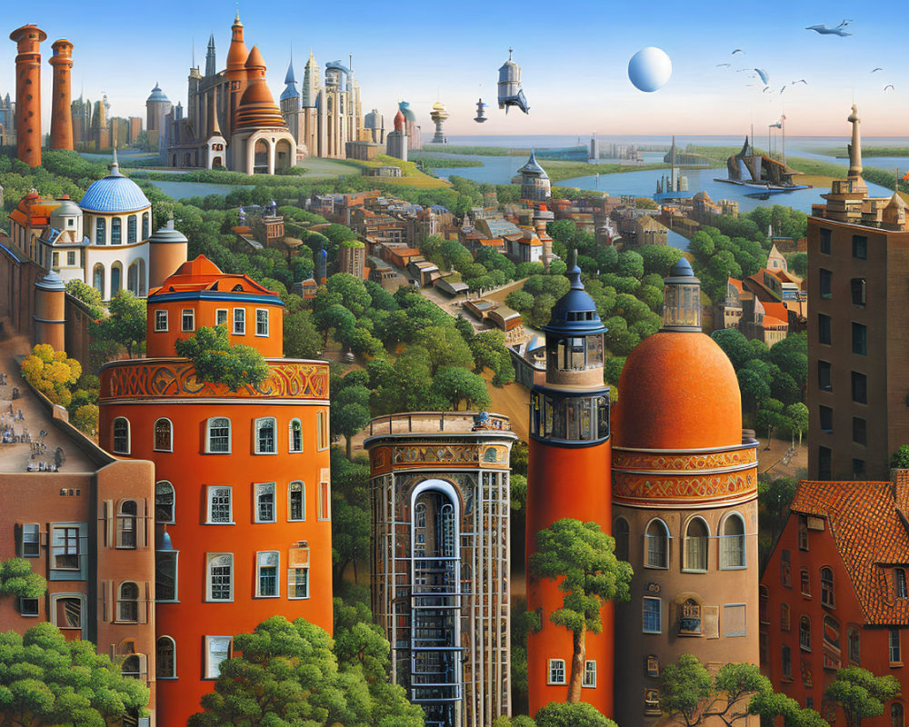 Colorful cityscape with flying ships, diverse architecture, and a large moon