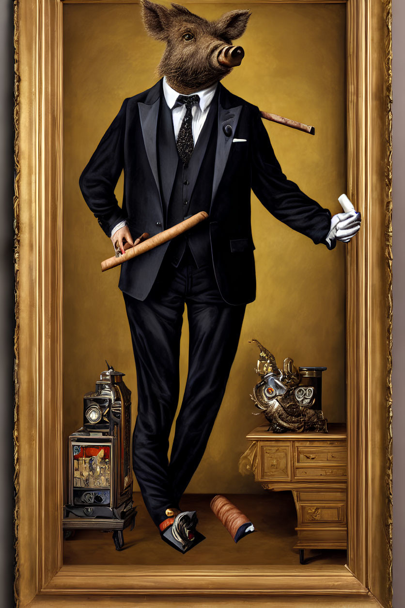 Anthropomorphic boar in suit with cigar among luxury items