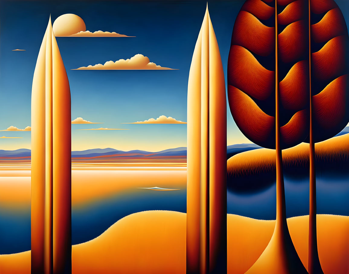 Surrealist landscape with elongated trees, red-orange sun, mirrored mountains, serene water.
