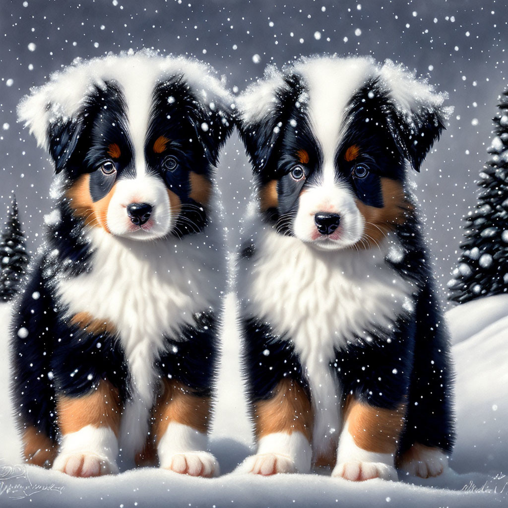 Bernese Mountain Dog Puppies in Snowy Setting with Snowflakes & Trees