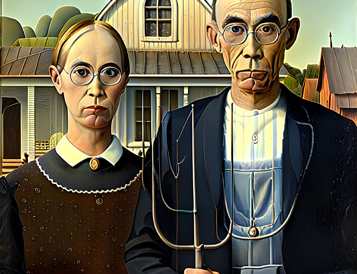 Portrait of stern couple with pitchfork in front of farmhouse