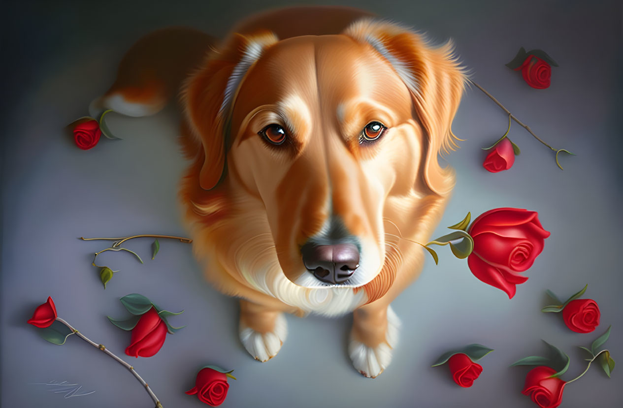 Golden dog with gentle gaze among crimson roses on soft grey background
