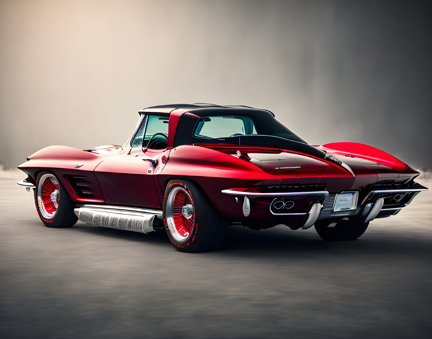 Vintage red Corvette with white-walled tires on neutral backdrop