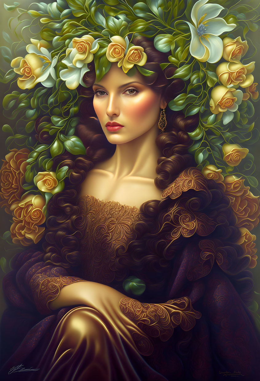 Digital artwork of woman with golden roses and white lilies in serene setting
