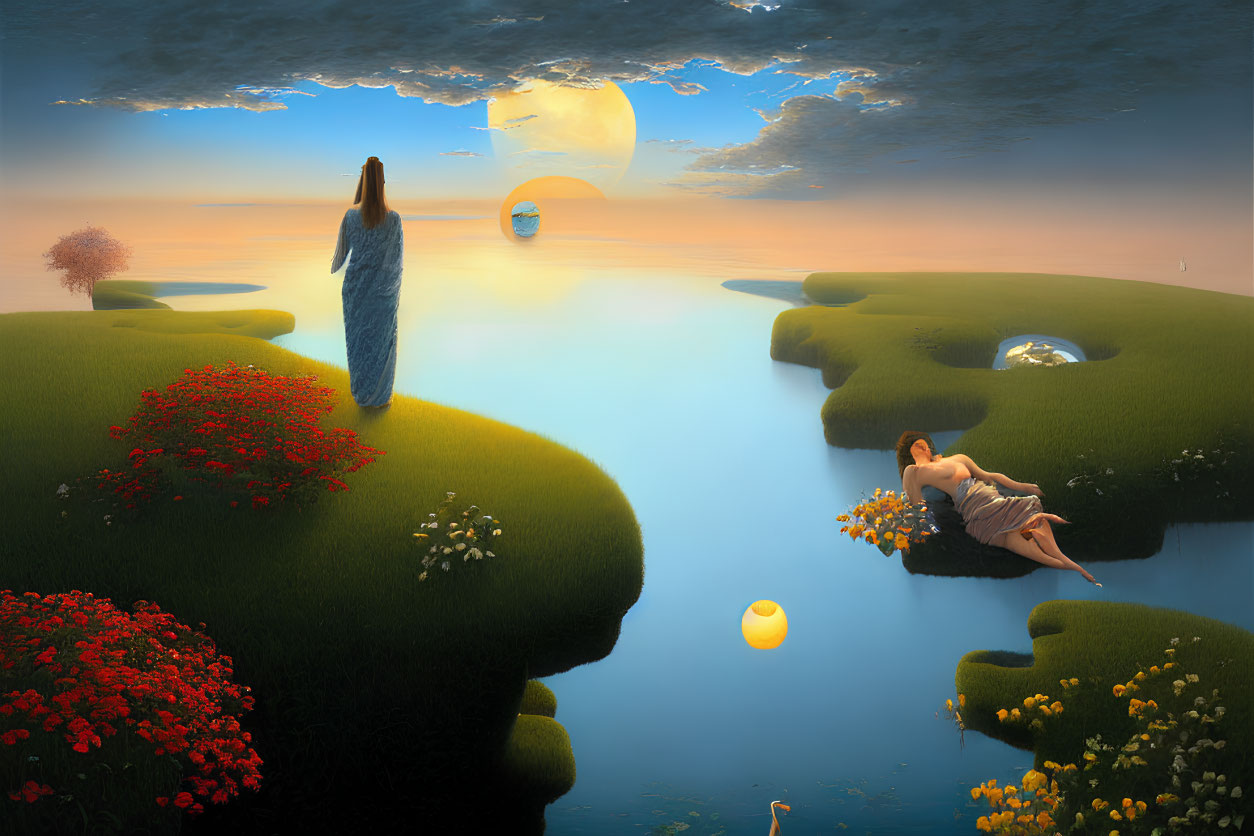 Surreal landscape with floating islands, women, lush flora, orbs, and sunset
