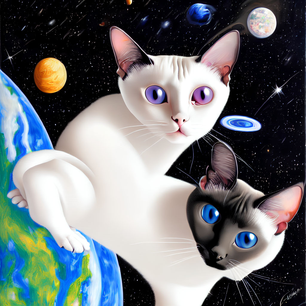 Stylized black and white cats against cosmic backdrop