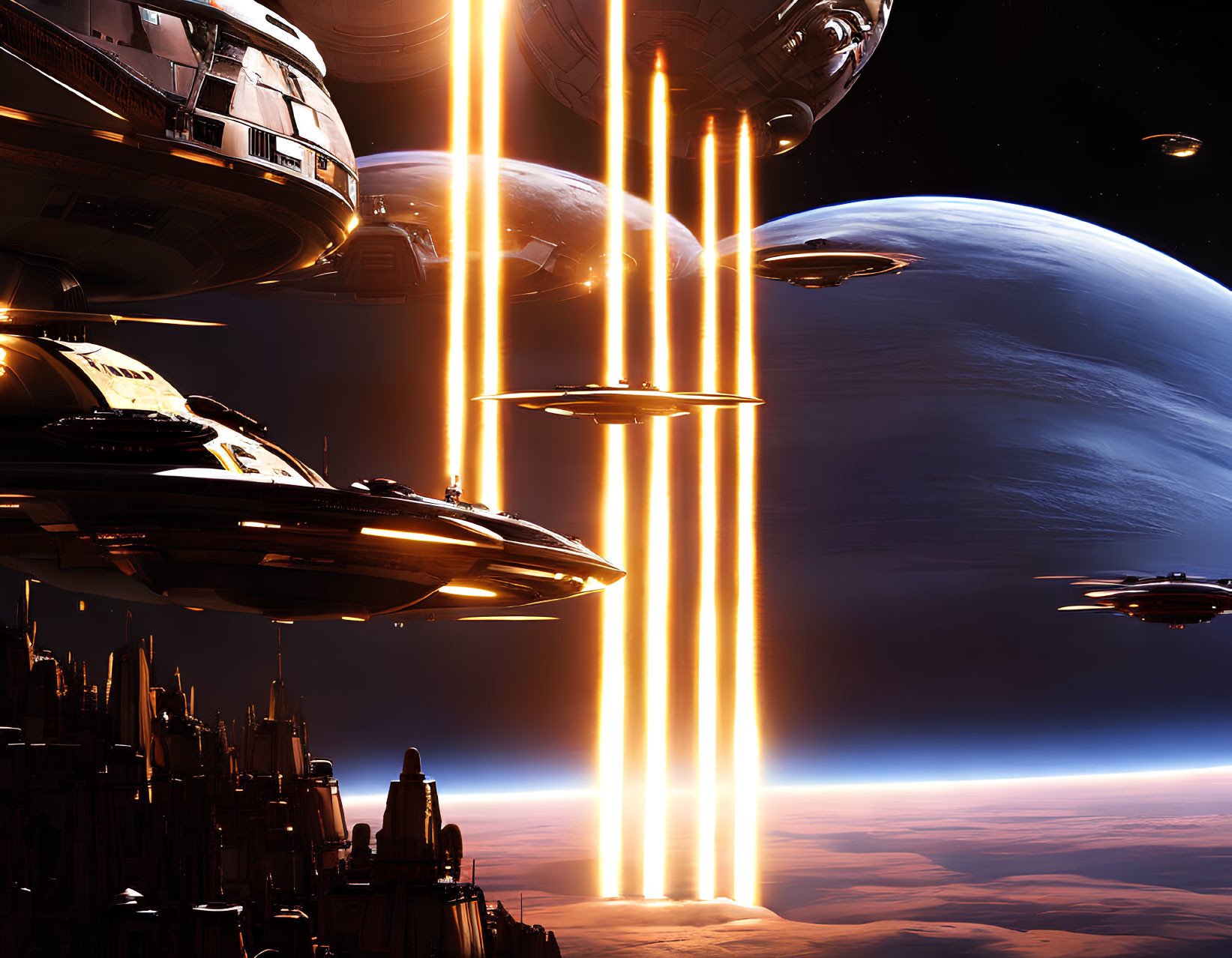 Spaceships and Beams of Light in Sci-Fi Scene