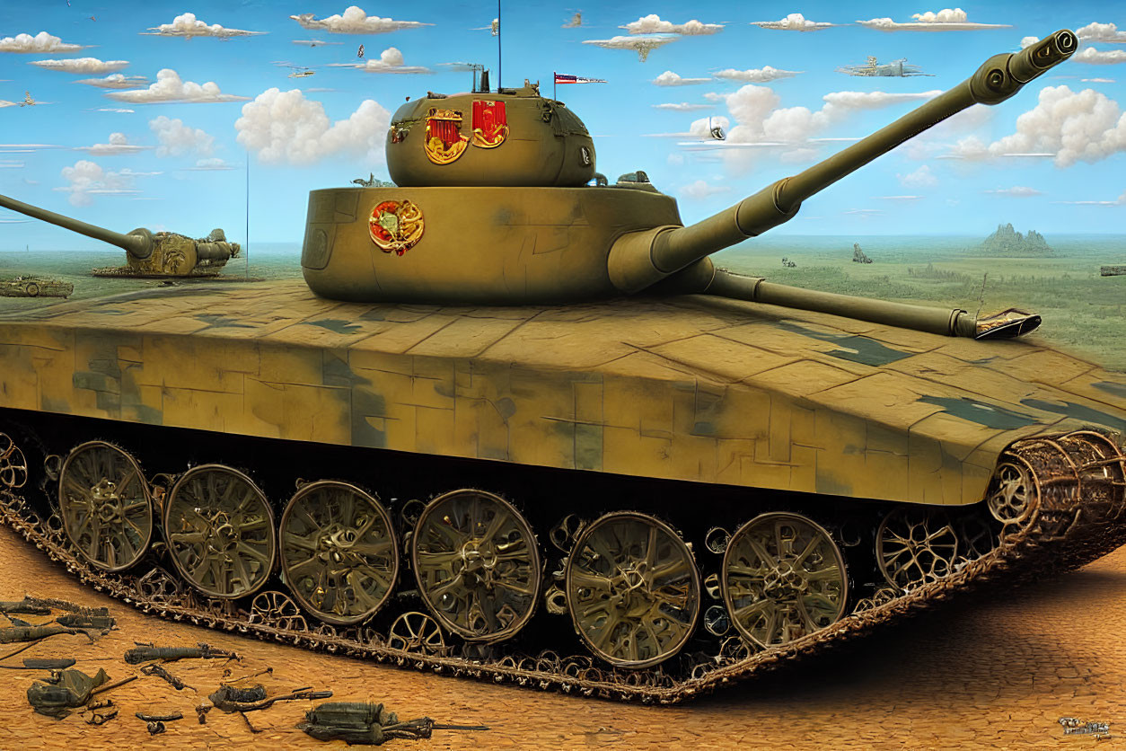 Military tanks in desert painting with blue sky and aircraft.