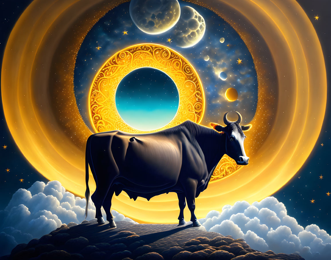 Majestic bull on clouds with multiple moons and radiant sun