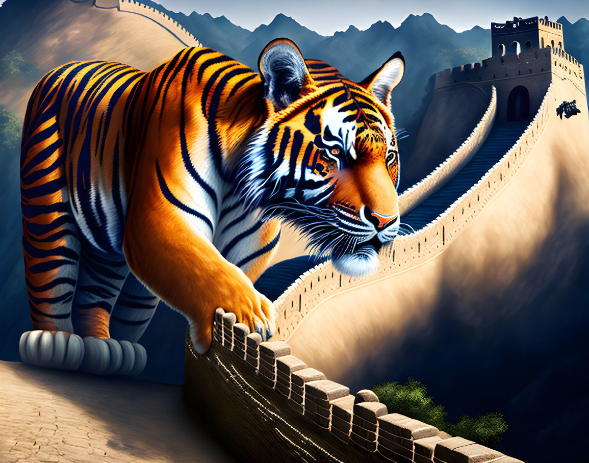 Digitally rendered tiger on Great Wall with misty mountains.