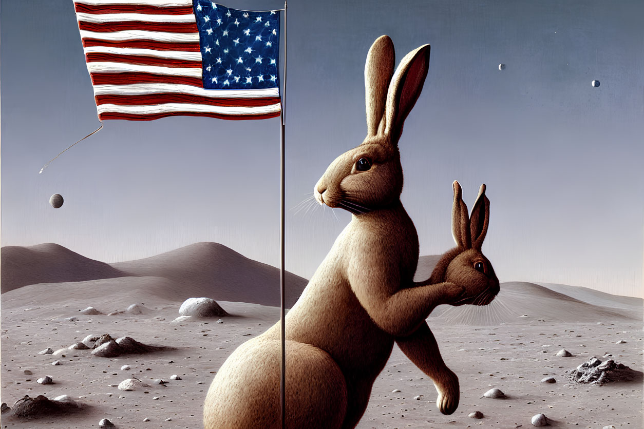 American flag on moon-like landscape with giant surreal rabbit and smaller one