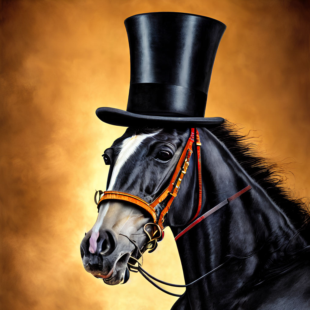 Black Horse with Red and Yellow Bridle and Top Hat on Amber Background