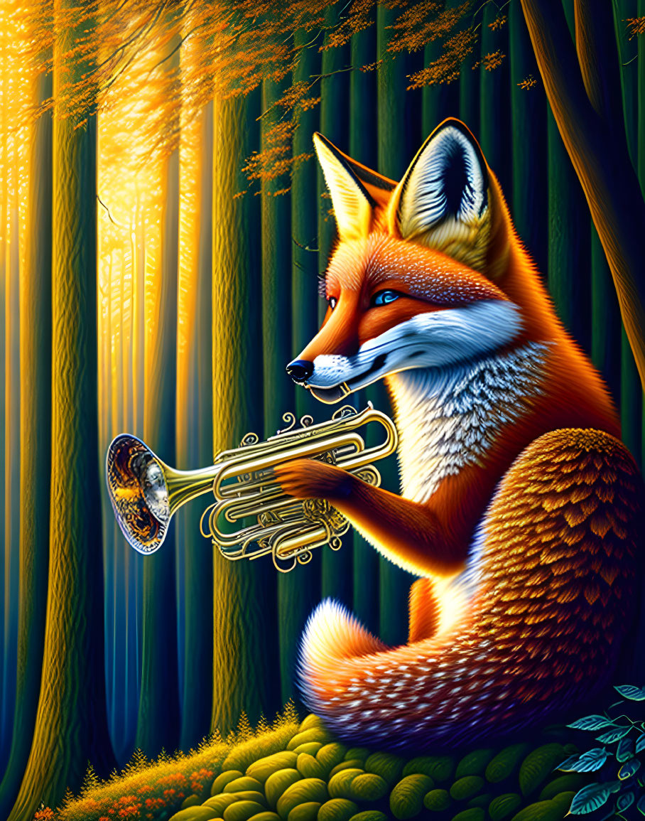 Colorful Fox Playing Trumpet in Forest Scene