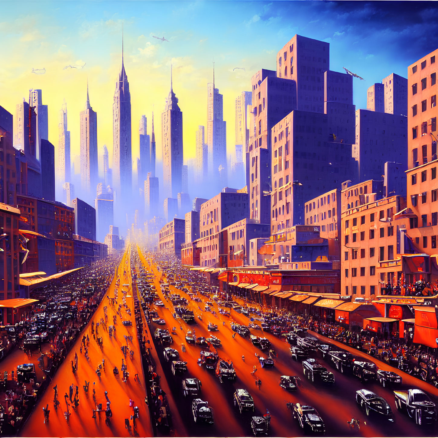 Busy cityscape with traffic and high-rise buildings under sunlight
