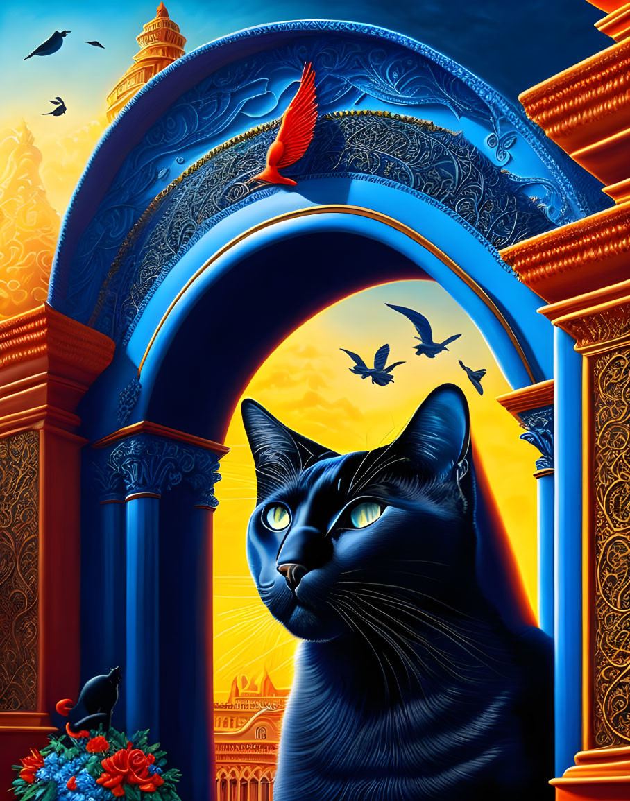Detailed illustration of black cat with blue eyes and ornate archway at sunset.