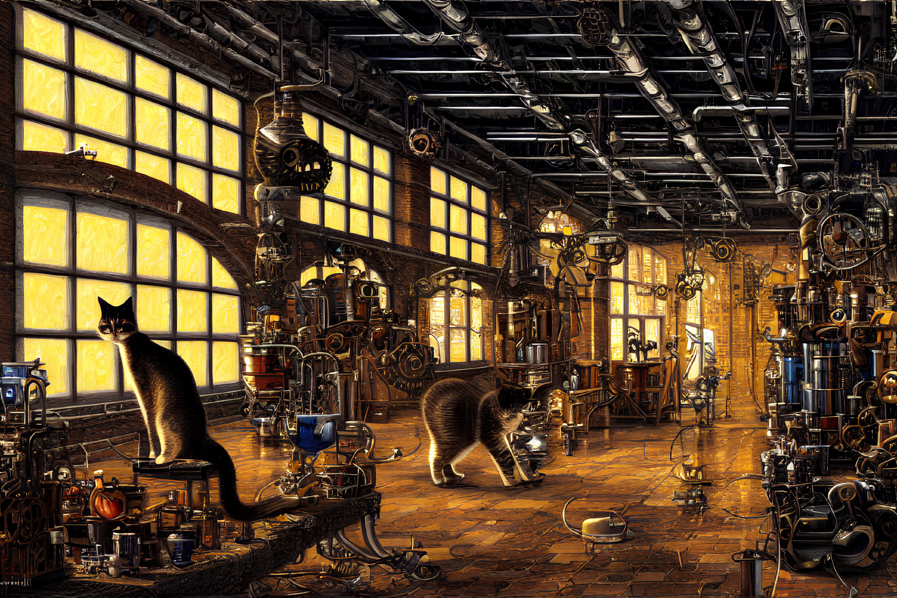 Steampunk-style room with glowing windows and cats among intricate machinery