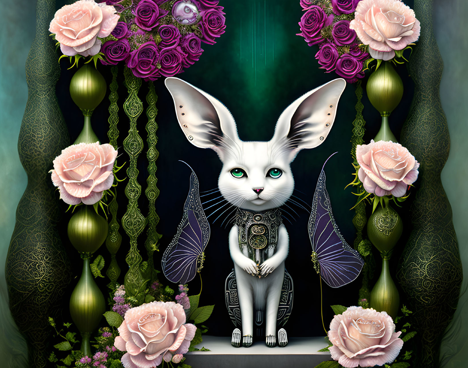 Anthropomorphic white cat surrounded by roses and gold ornamentation