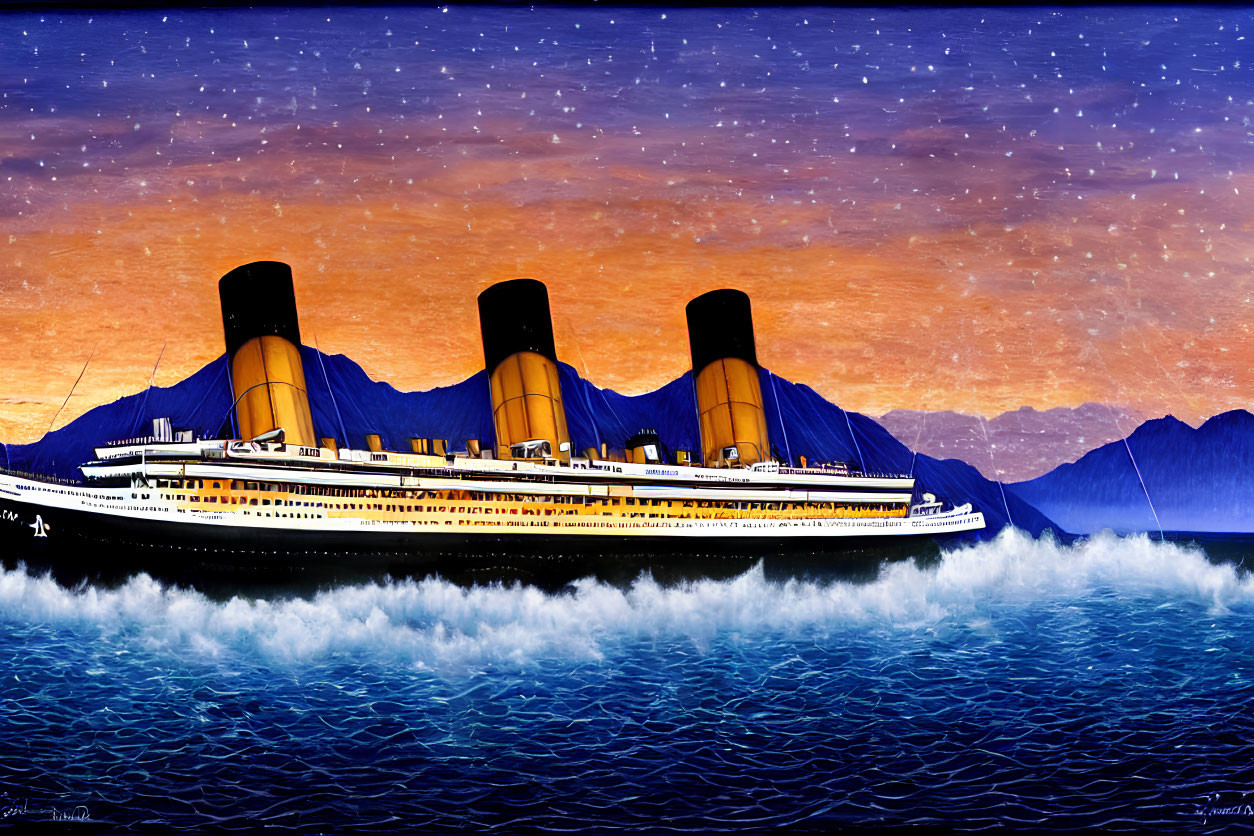Vintage ocean liner with three black-and-yellow funnels sailing at sunset.