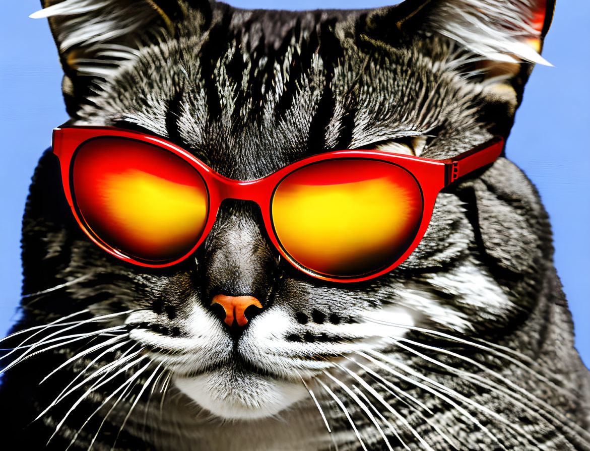 Tabby cat with unique fur patterns in red-orange sunglasses on blue background