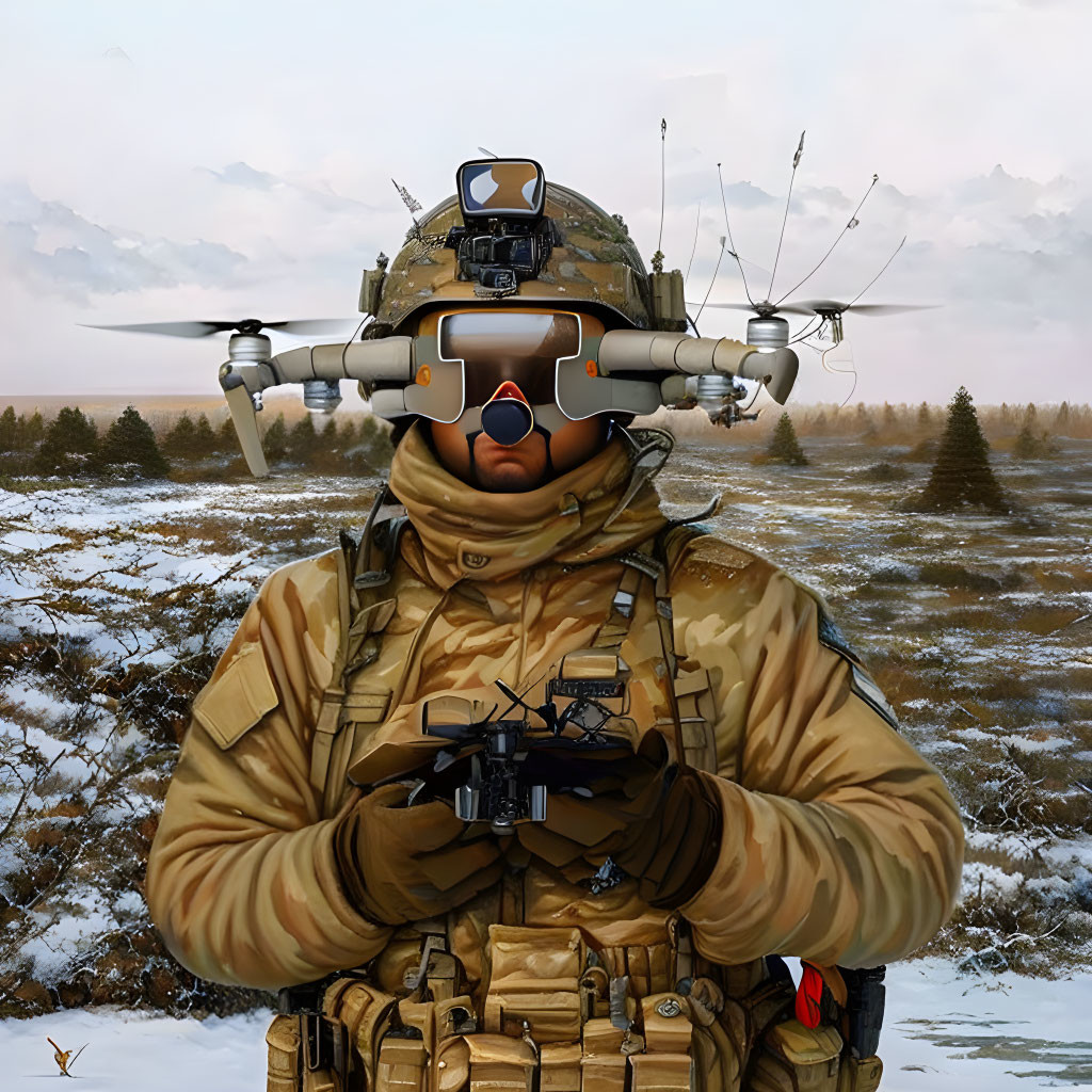Camouflaged soldier with drone remote in snowy wilderness