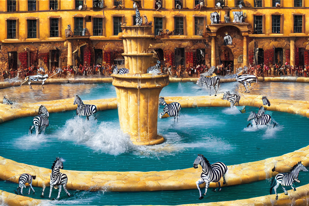 Striped zebras swimming in fountain near classical building with onlookers