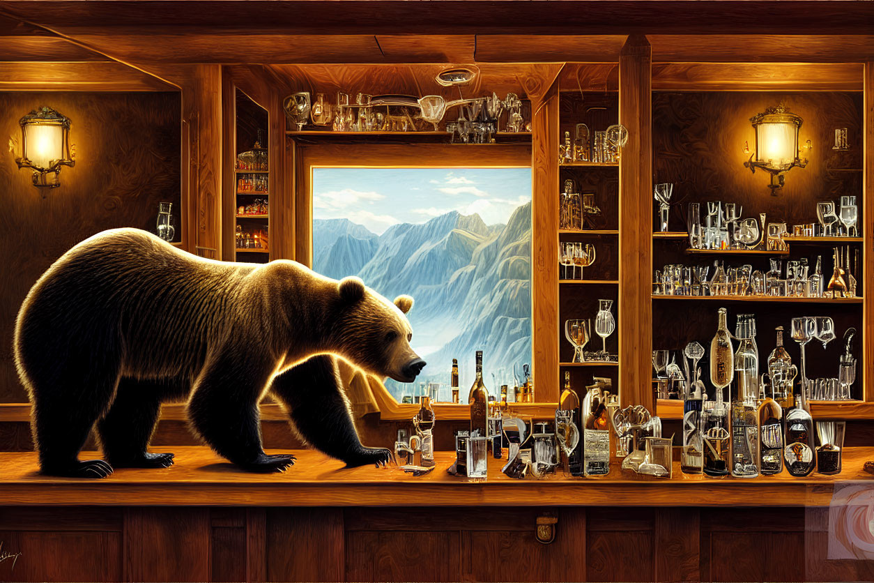Bear walking on bar counter with bottles and mountain view