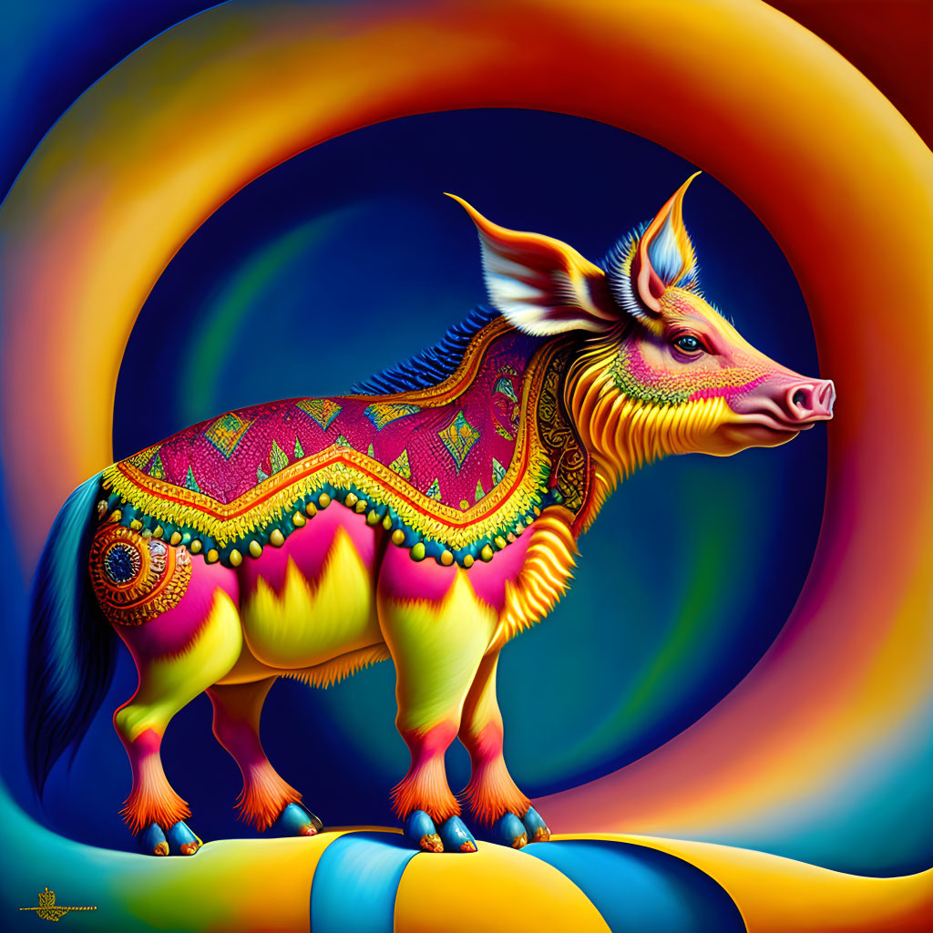 Colorful Psychedelic Pig Illustration on Rainbow Background