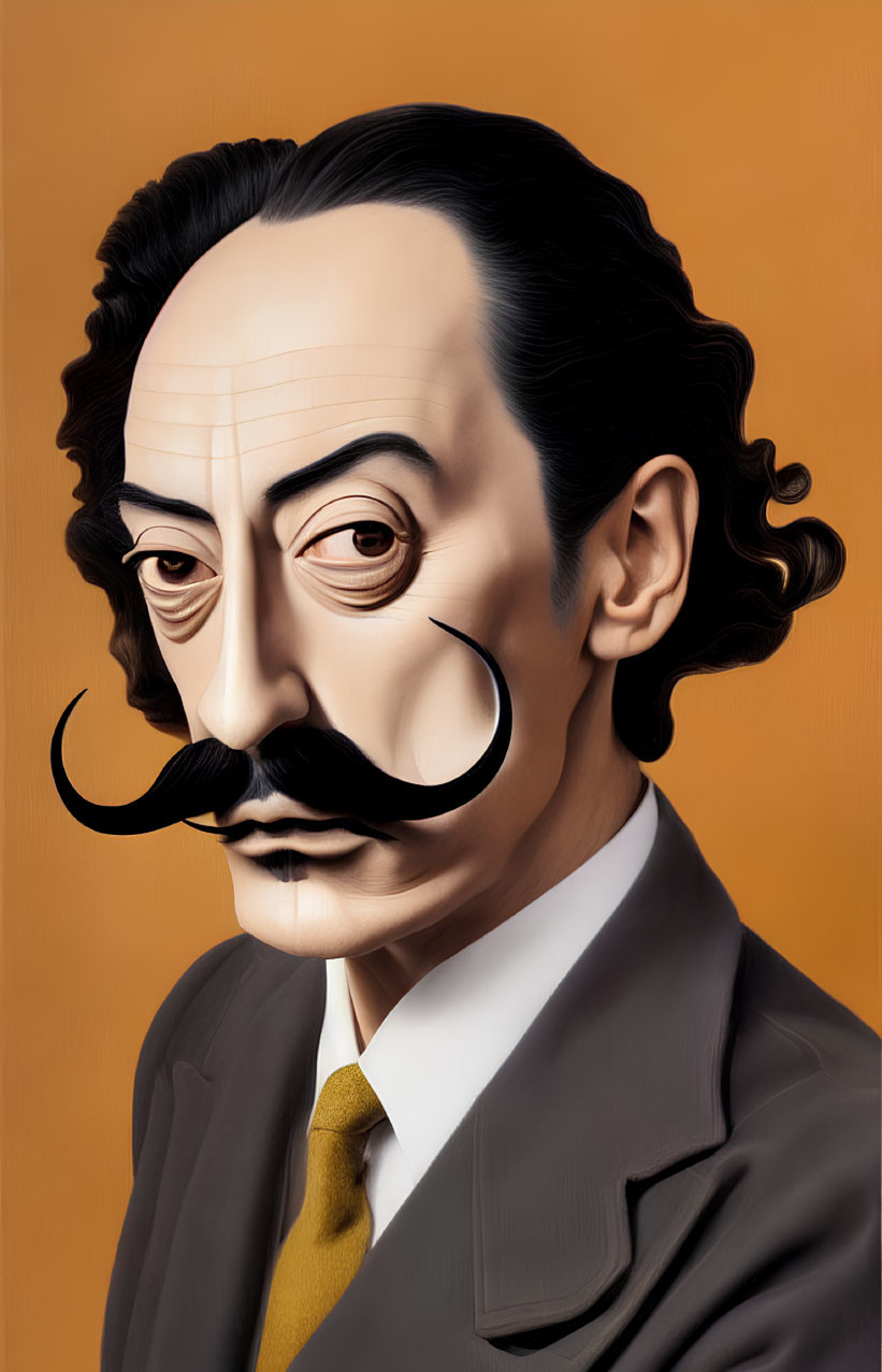 Man with Curly Mustache in Brown Suit on Orange Background