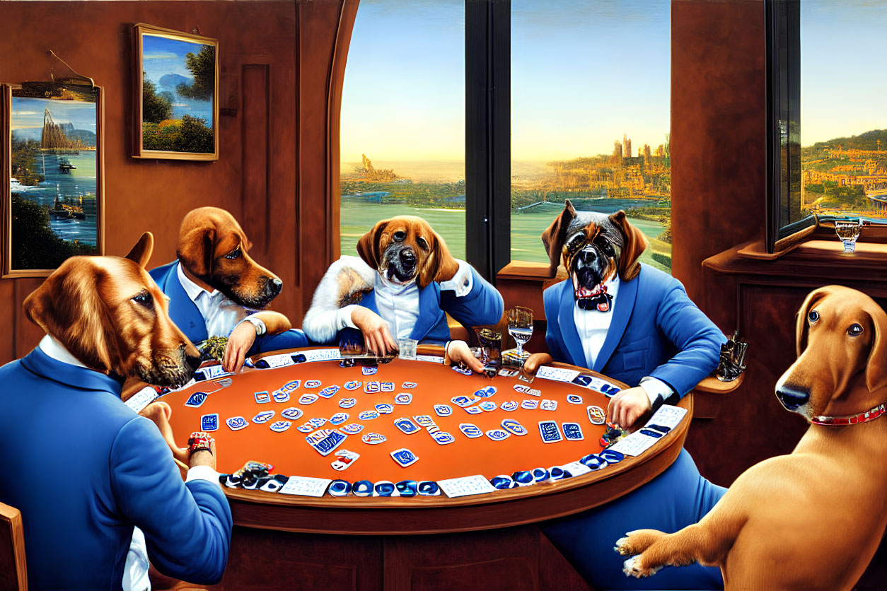 Dogs in suits playing poker with city and nature views