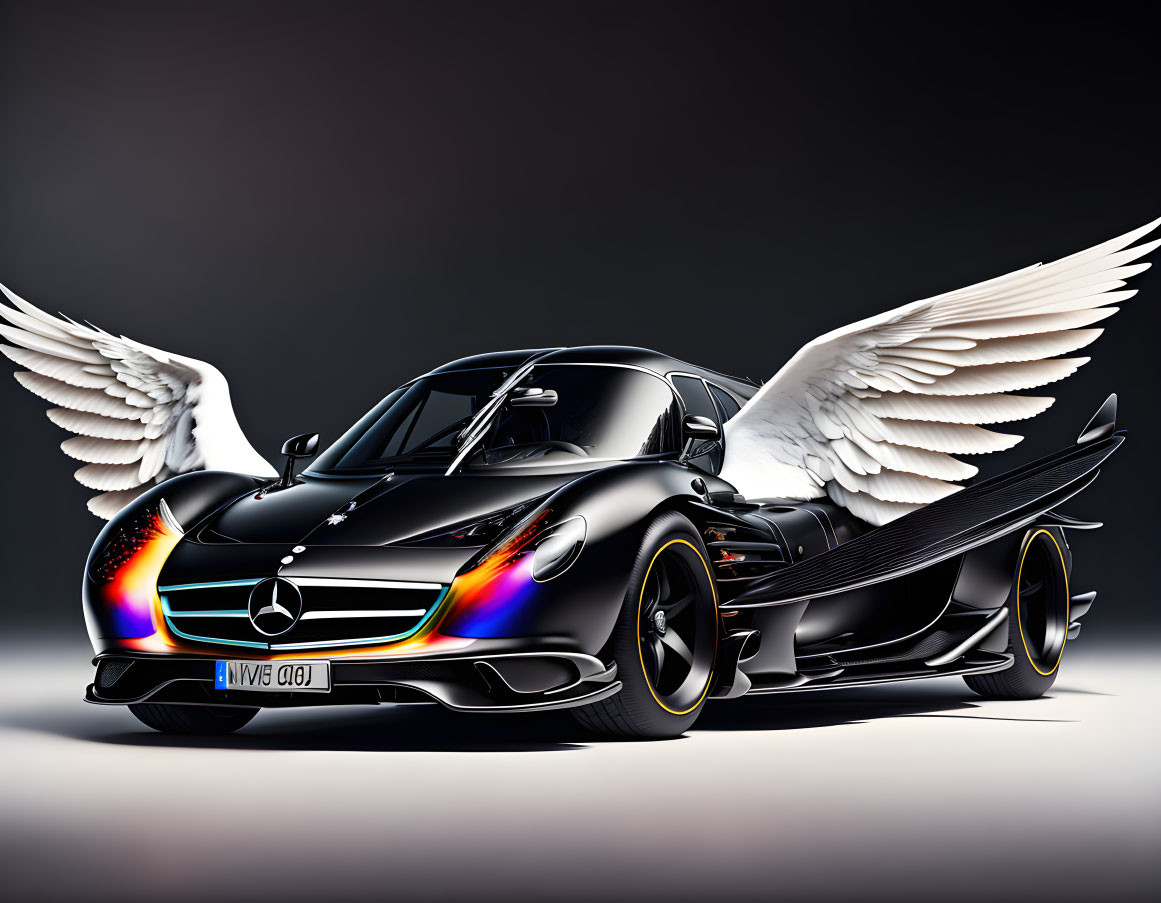 Black sports car with white angel wings, rainbow glow, and rear spoiler.
