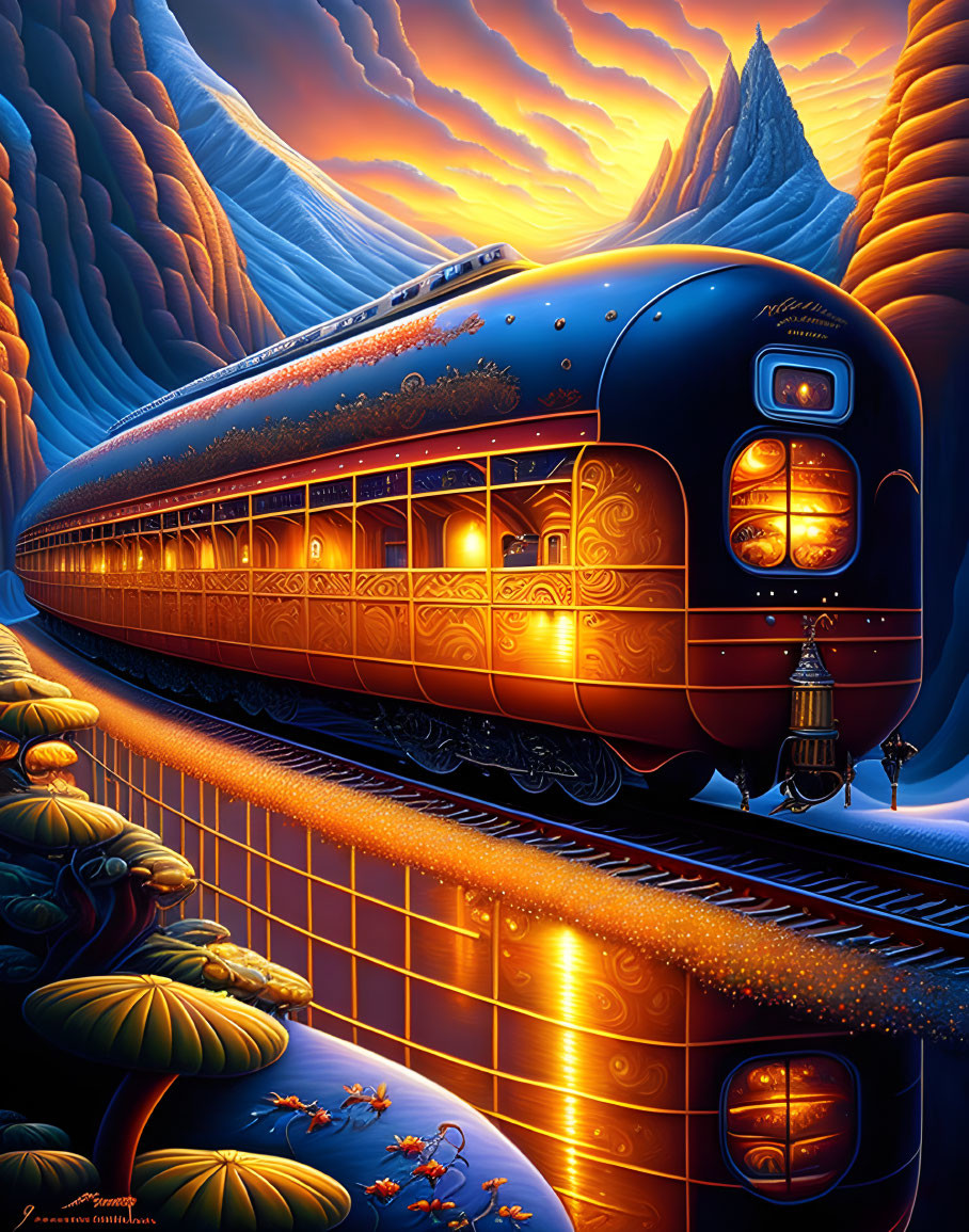 Ornate blue train in surreal vibrant landscape